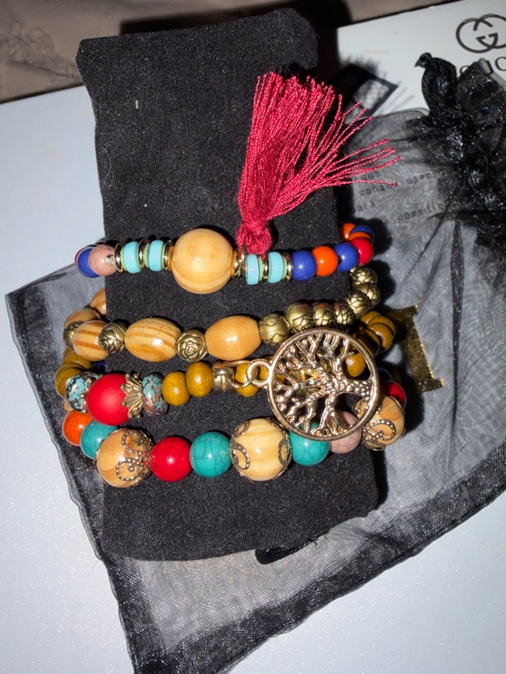 Boho Multicolor Beaded Stackable Bracelet Set with Tree of Life Charm, NEW